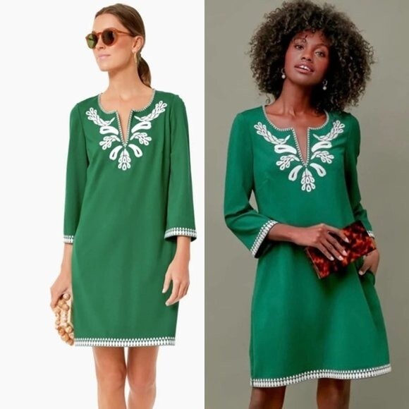 Tuckernuck NEW Miguelina Green Embroidered Shift Mini Dress Size 2XS